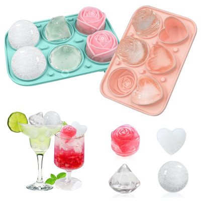 Custom 3D Rose Diamond Heart-shaped Sphere Ice Cube Mold Food Grade Silicone Ice Tray With Funnel-shaped Lid