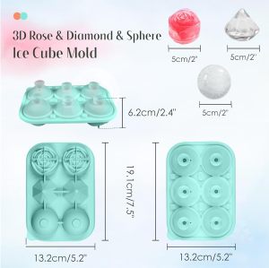 Custom 3D Rose Diamond Heart-shaped Sphere Ice Cube Mold Food Grade Silicone Ice Tray With Funnel-shaped Lid