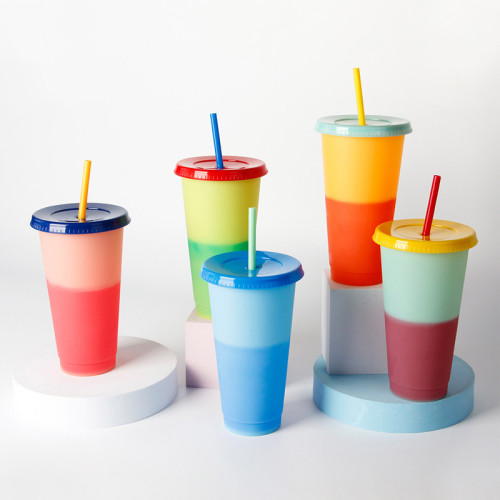 Temperature-sensing straw color-changing cup 710ml beverage temperature-sensing plastic straw cup pp color-changing straw water cup manufacturer
