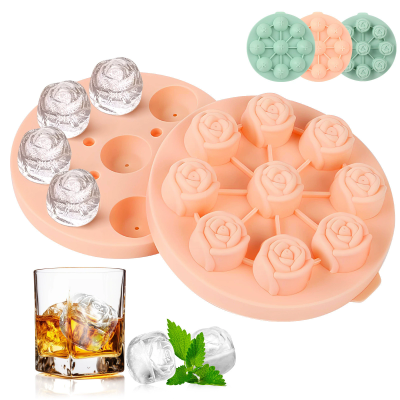 9 Cavity 3D Large Rose Round Silicone Ice Cube Trays with Lids Eco-Friendly Ice Mold for Homemade Beverages