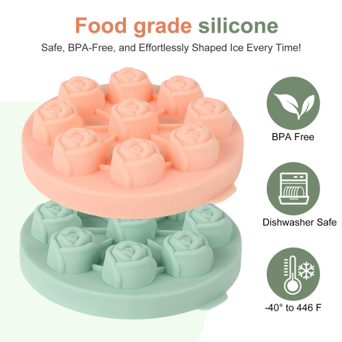 9 Cavity 3D Large Rose Round Silicone Ice Cube Trays with Lids Eco-Friendly Ice Mold for Homemade Beverages