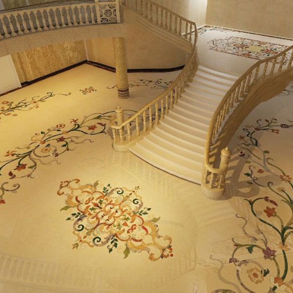 Luxury villa interior classic flower staircase water jet marble tile big Stair