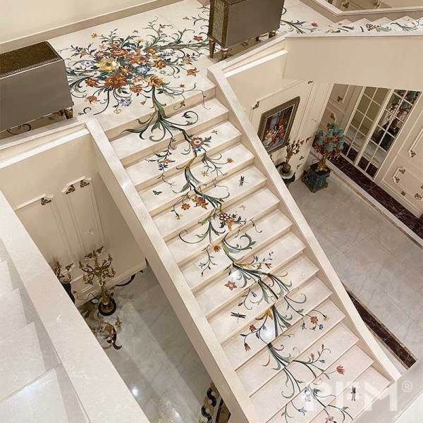 Classic design stairs waterjet cream Marfil marble inlay nature stone curved Straight staircase