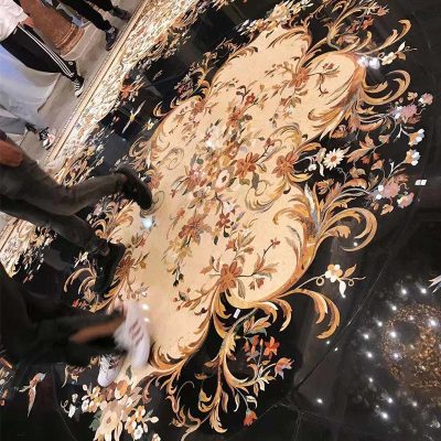 Luxury palace flooring design beige black flower water jet marble for villa interior living room
