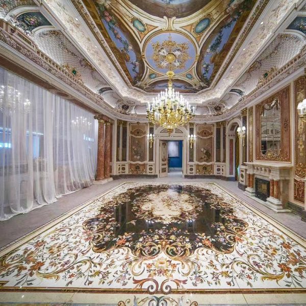 Luxury palace flooring design beige black flower water jet marble for villa interior living room