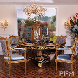 Classic solid wood round dining table set four chairs hand carved dining room gilding furniture