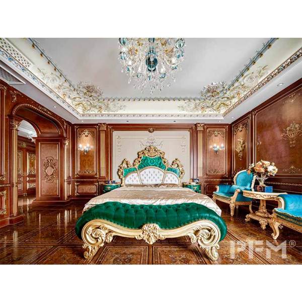 PFM custom wholesale price luxury royal  king size green bed classic bedroom solid wood furniture sets