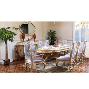 Classic royal French home furniture decor luxury solid wood dinner table set with 8 chairs
