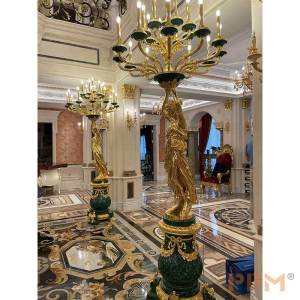 China manufacure luxury antique tall brass candelabra vintage malachite stone solid brass  pillar candle holders for home decor