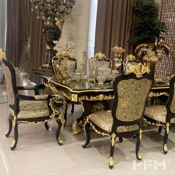 Luxury royal table chair 8 set gold color decoration for dinning room furniture