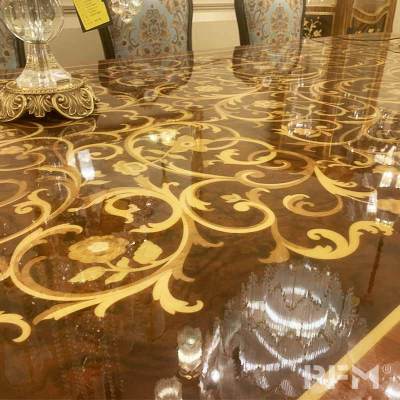 Luxury classic dinning table 8set with brown rectangle extension wooden parquet table carving chair