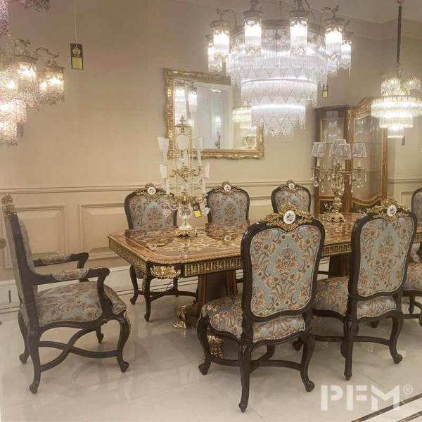 Luxury classic dinning table 8set with brown rectangle extension wooden parquet table carving chair