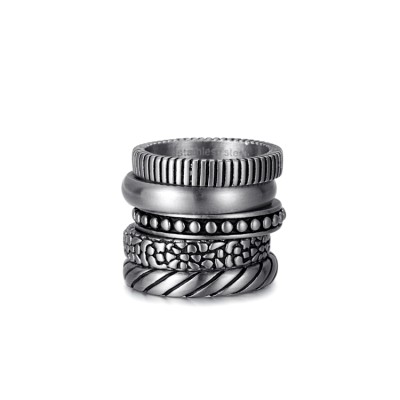 antique silver etch stainless steel ring stack