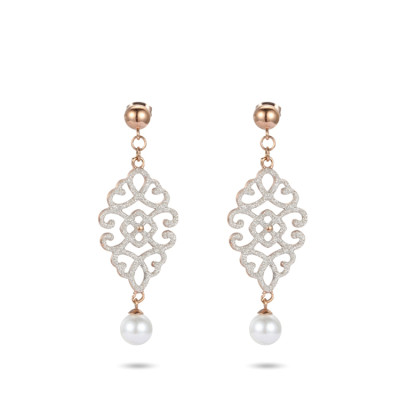 White mineral dust filigree stainless steel rose gold dangles earrings