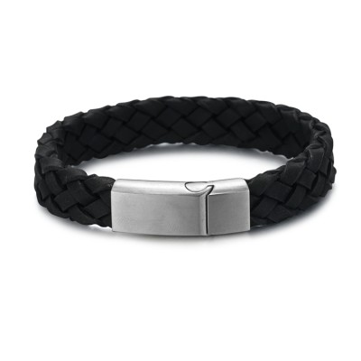 Black genuine leather  bracelet with stainless steel magnetic clasp