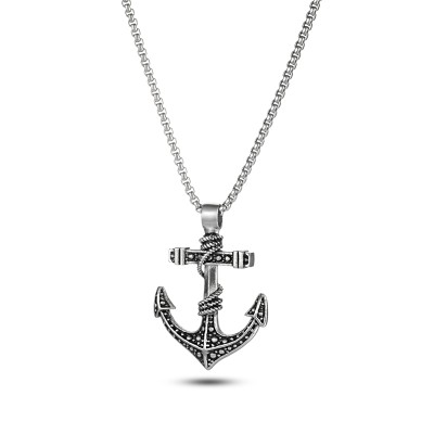 Silver Etch Anchor Pendant Necklace