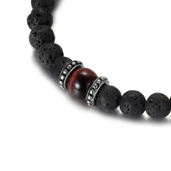 Men's Beaded Bracelet with Lava Stone and Red Tiger Eye