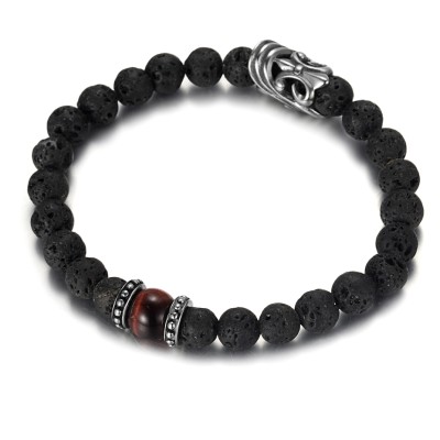 Men's Beaded Bracelet with Lava Stone and Red Tiger Eye