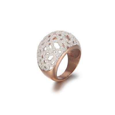 White mineral dust filigree stainless steel rose gold ring