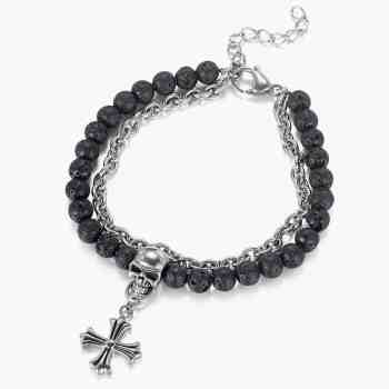 Men's Layered Beaded Bracelets with Cross and Skull Accessories