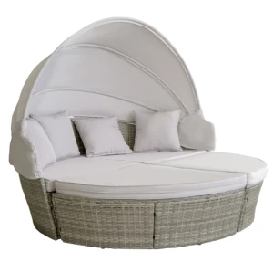 Outdoor sun lounger rattan wicker round brown sofa bed with shade