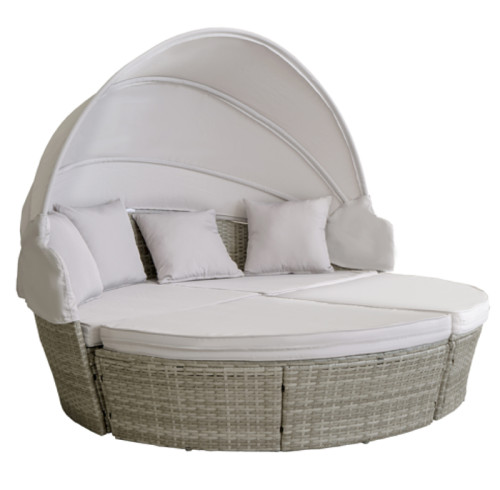 Outdoor sun lounger rattan wicker round brown sofa bed with shade