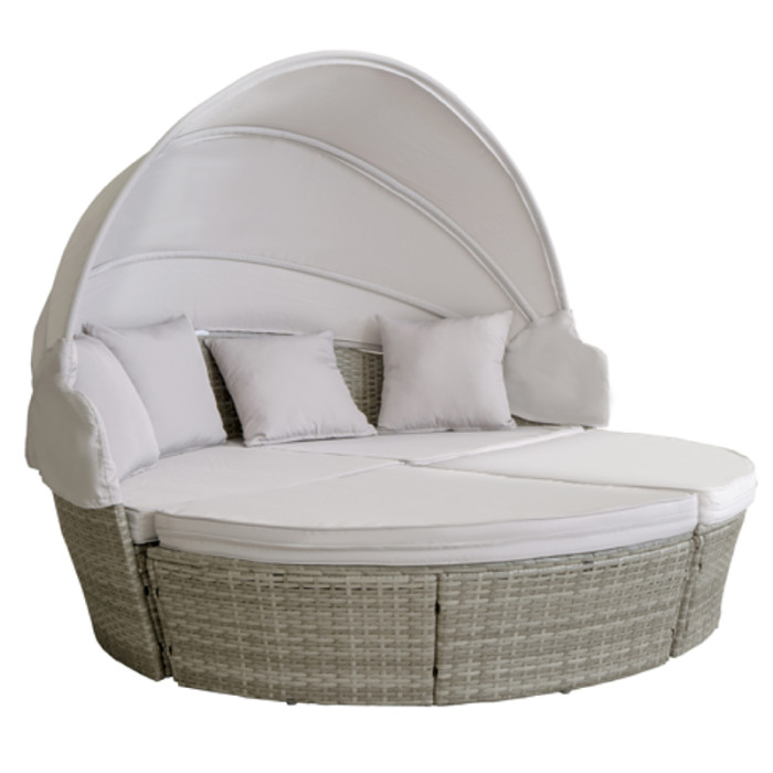 Outdoor sun lounger rattan wicker round brown sofa bed with shade