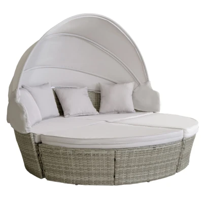 Outdoor sun lounger rattan wicker round brown sofa bed with shade