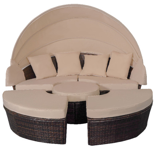 Outdoor garden furniture reclining rattan sun lounger with shade