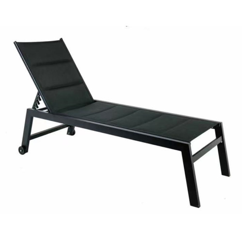 Outdoor black padded adjustable sun lounger with wheels