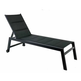 Outdoor black padded adjustable sun lounger with wheels
