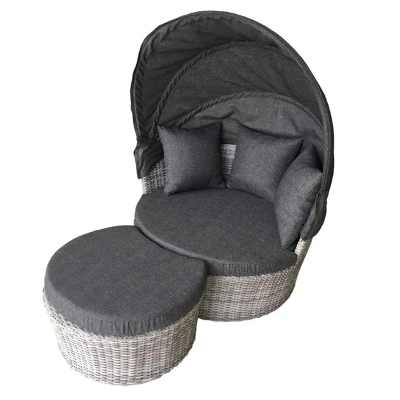 Garden furniture double grey rattan lounger with shade cushion