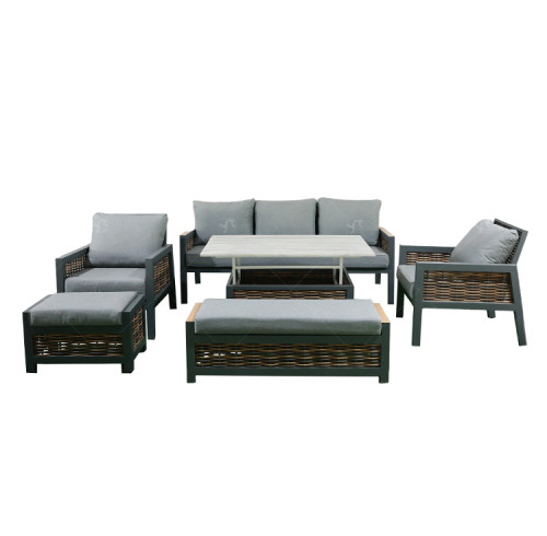 Modern Aluminium 6-Piece Woven Rattan Patio Sectional Furniture Indoor Outdoor Square Lifting Table Sofa Chairs Sets