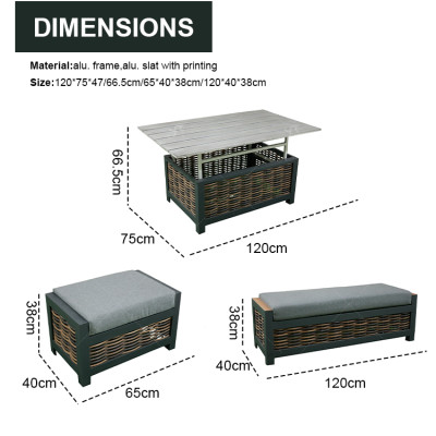 Modern Aluminium 6-Piece Woven Rattan Patio Sectional Furniture Indoor Outdoor Square Lifting Table Sofa Chairs Sets