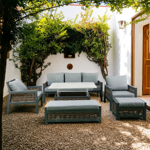 Modern Aluminium 6-Piece Woven Rattan Patio Sectional Furniture Indoor Outdoor Square Lifting Table Sofa Chairs Sets