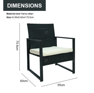 Outdoor Black Garden Steel Pipe Rattan Weaving Casual Three-piece Set Outdoor Garden Leisure Rattan Furniture Set