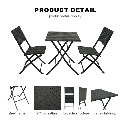 Steel Tube Rattan Chair Black Bistro 3 Piece Set Foldable Outdoor Rattan Chair Folding Rattan Chair and Table