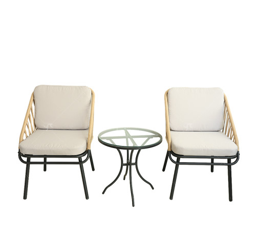Outdoor 3 Pieces Steel Frame Outdoor Steel Bistro Set Rattan Chair Conversation Sets Garden Furniture with Tempered Glass