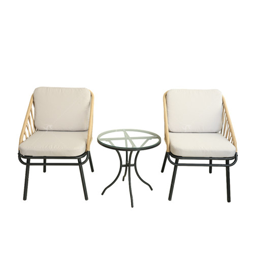 Outdoor 3 Pieces Steel Frame Outdoor Steel Bistro Set Rattan Chair Conversation Sets Garden Furniture with Tempered Glass