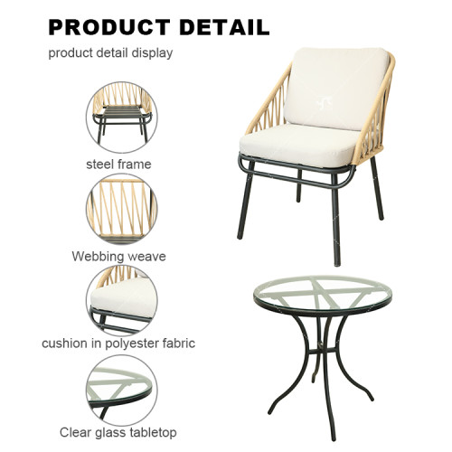 Outdoor 3 Pieces Steel Frame Outdoor Steel Bistro Set Rattan Chair Conversation Sets Garden Furniture with Tempered Glass