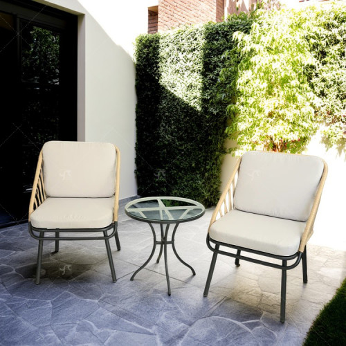 Outdoor 3 Pieces Steel Frame Outdoor Steel Bistro Set Rattan Chair Conversation Sets Garden Furniture with Tempered Glass