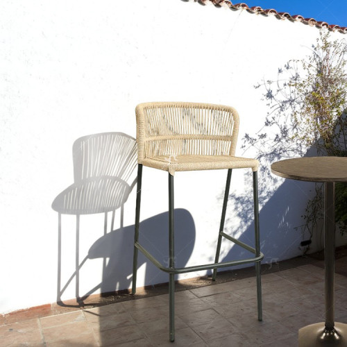 Outdoor Modern Garden Rattan Bistro Counter Height bar Chairs Furniture Outdoor Patio Steel Frame Rope Bar Stools with Back