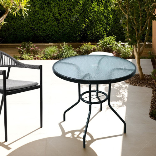 Outdoor Patio Side Table Garden Round Table with Water Wave Glass Metal Steel Iron Dining Outdoor  Table for Garden