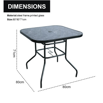 Outdoor Patio Side Square Table Garden Table with Printed Glass  Metal Steel Iron Dining Outdoor Table