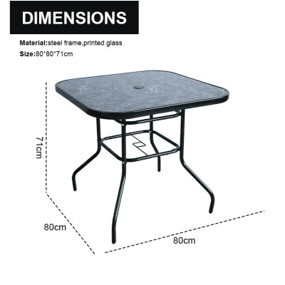 Outdoor Patio Side Square Table Garden Table with Printed Glass  Metal Steel Iron Dining Outdoor Table