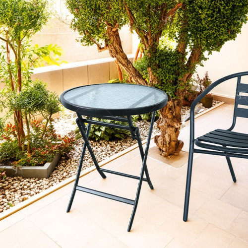 Outdoor  Folding Patio Side Table Garden Round Table with Water Wave Glass Metal Steel Iron Dining Outdoor  Table for Garden
