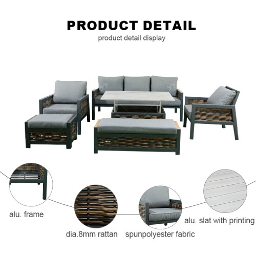 Modern Aluminium 6-Piece Woven Rattan Patio Sectional Furniture Indoor Outdoor Square Lifting Table Sofa Chairs Sets