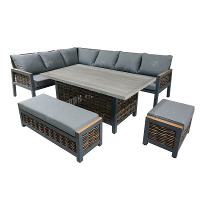 Modern Alu. Rattan Corner Sofa Set of 6 Woven Rattan Patio Sectional Furniture Square Lifting Table Sofa Chairs Sets