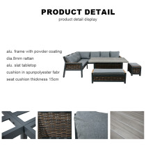 Modern Alu. Rattan Corner Sofa Set of 6 Woven Rattan Patio Sectional Furniture Square Lifting Table Sofa Chairs Sets