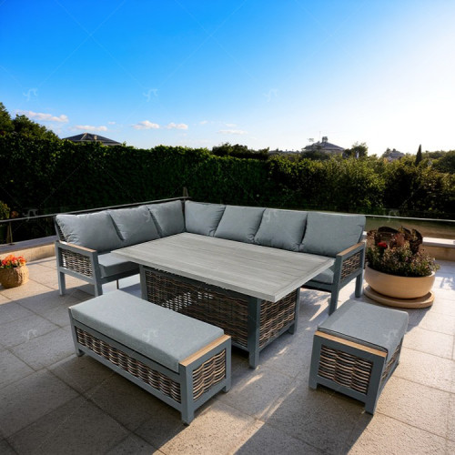 Modern Alu. Rattan Corner Sofa Set of 6 Woven Rattan Patio Sectional Furniture Square Lifting Table Sofa Chairs Sets